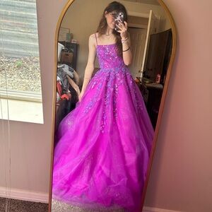 Gorgeous fuchsia sparkle prom dress. Worn once, beautiful train, sequin detail.